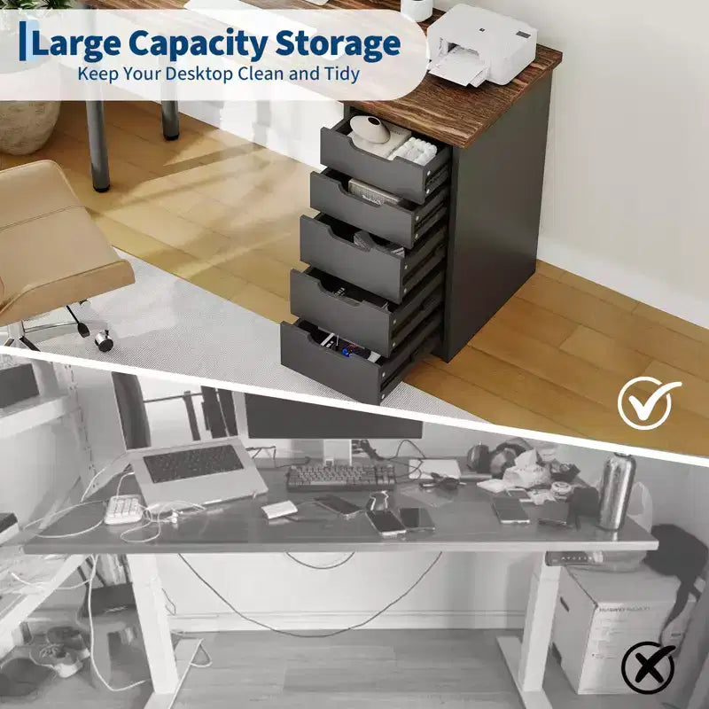 47 Inch Computer Desk with 5 Storage Drawers, Reversible Modern Rustic Study Writing Table, Home Office Workstation for Small Spaces