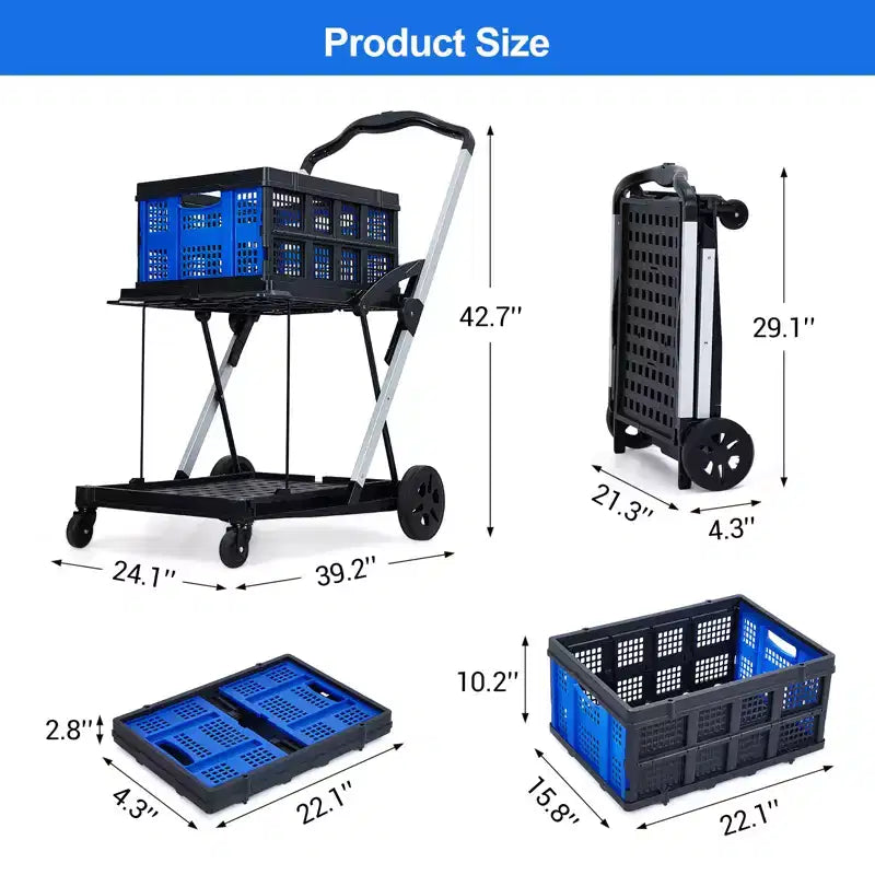 2 Tier Folding Shopping Carts for Groceries, 198 LB Capacity, Collapsible Portable Grocery Cart with Wheels & Removable Crate for Mall Market, Blue