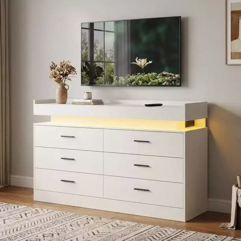 Modern TV Stand with 6 Drawers & LED Lights, Floating Countertop Coffee Bar for Living Room Entertainment Center