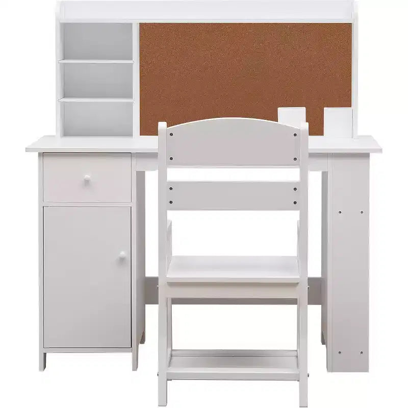 Kids Desk, Study Desk and Chair Set for Boys and Girl, Wooden Kids Writing Table with Bookshelf, Bulletin Board, Cabinet and Drawer for Ages 3-8