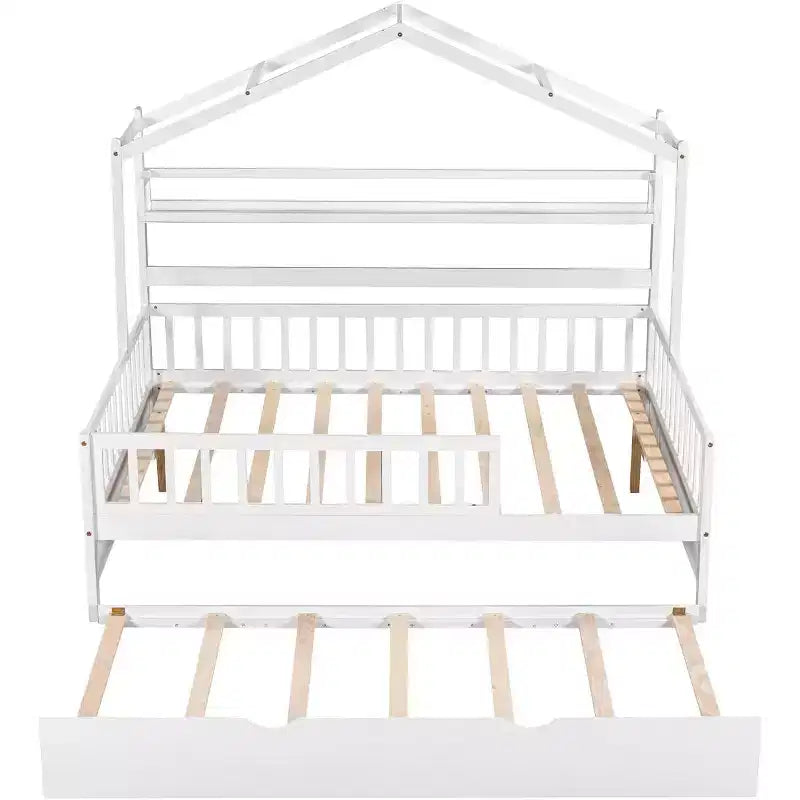 Acekool Full Size House Bed Frame with Twin Trundle, Storage Drawers & Shelves, Roof & Fence, Kids Platform Bed, White