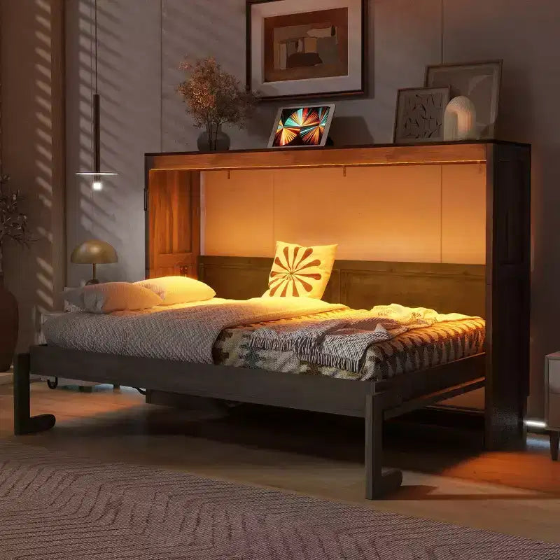 Twin Size Murphy Bed with LED Light, can be Folded into a Cabinet, Hidden Wall Bed Cabinet for Guest Room