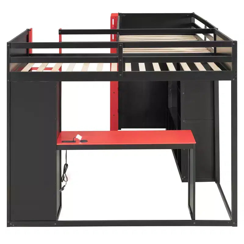 L-Shaped Gaming Loft Bed with Desks, Double Twin Loft Beds with LED Lights, USB Ports, Storage Bookshelves, Wood Corner Loft Bed for 2