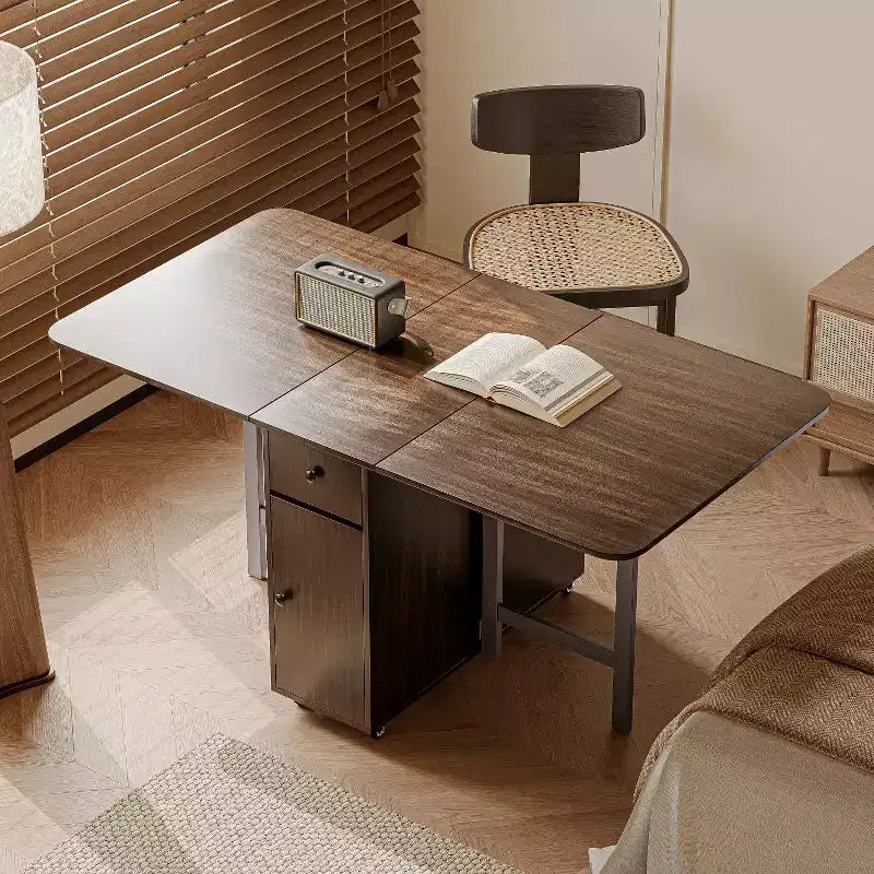 ATJafurn 59'' Foldable Dining Table with Drop Leaves for Small Space, Rectangular Wooden Extendable kitchen Table with Wheels and Storage