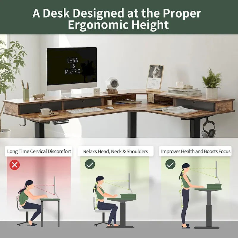 L-Shaped Electric Standing Desk with 3 Drawers & Lockable Casters, 63