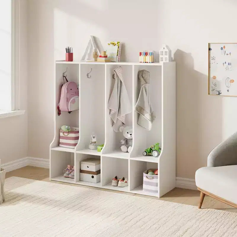 Brown/White 4-Section Cubby Locker with 8 Hooks, for Kids