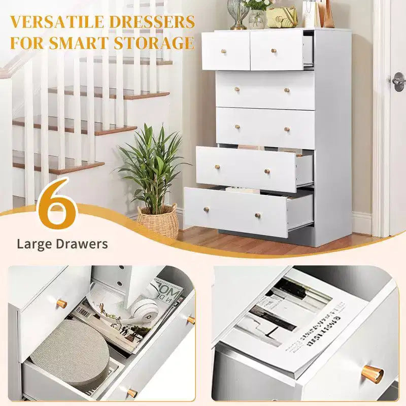 Karl Home 6-Drawer Large Dresser for Bedroom and Chest of Drawers with Sturdy Construction Wood Storage Organizer for Closet In white