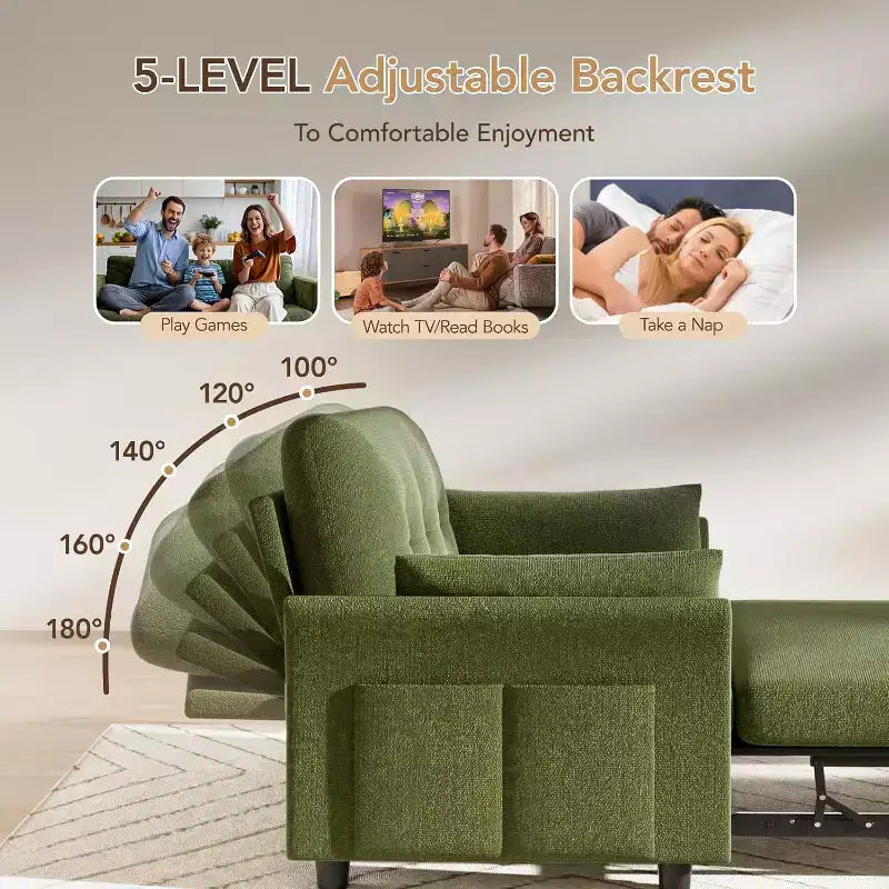 Dyonery 3-in-1 Convertible Sofa Bed, Pull Out Sleeper Sofa with Side Pocket & Adjustable Backrest, Tool-Free Assembly, Folding Loveseat