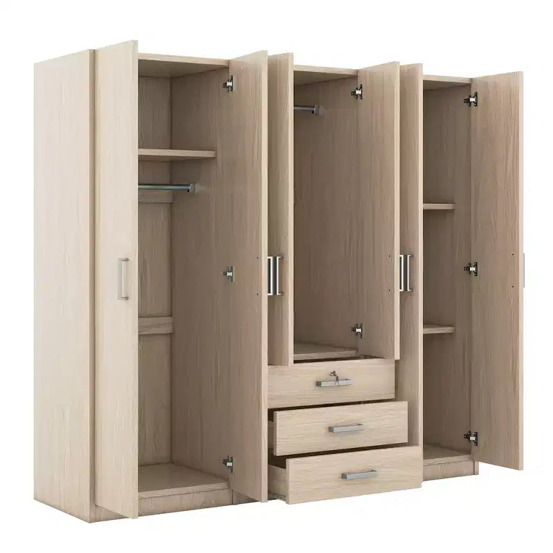 6-Door Wooden Wardrobe with Drawers for Bedroom