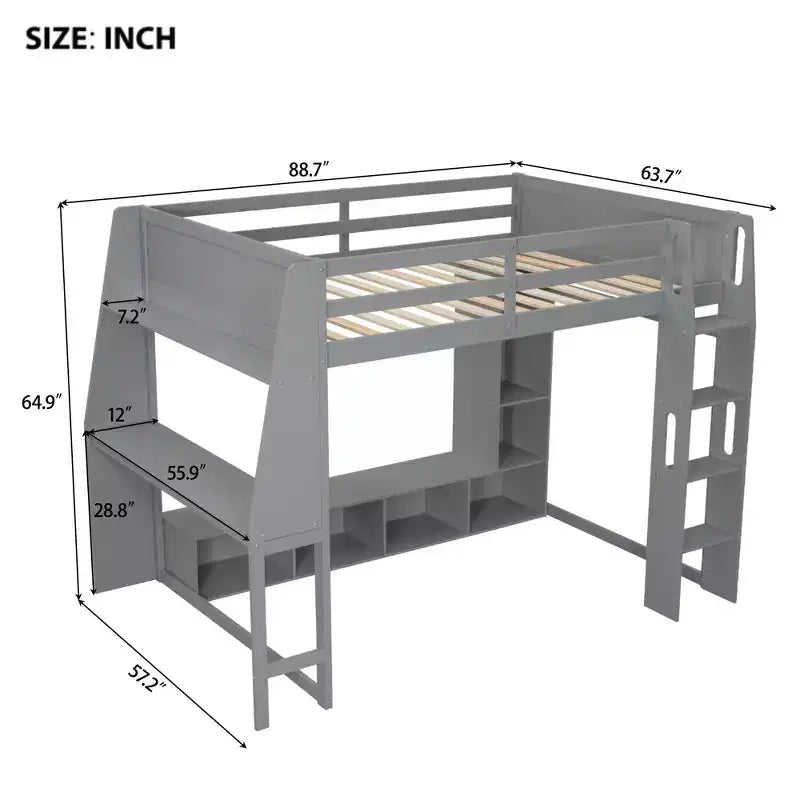 Whisen Wood Twin Size Gaming Loft Bed with Desk, Multi-storage Shelves, LED and a Hanging Clothes Rack