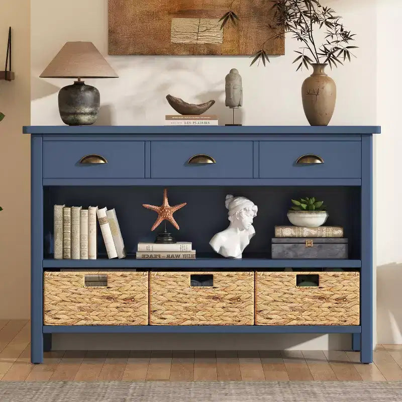 Entryway Console Table with Storage, Farmhouse Hallway Table with 3 Drawers and 3 Water Hyacinth Baskets for Living Room or Foyer - Panipeachy