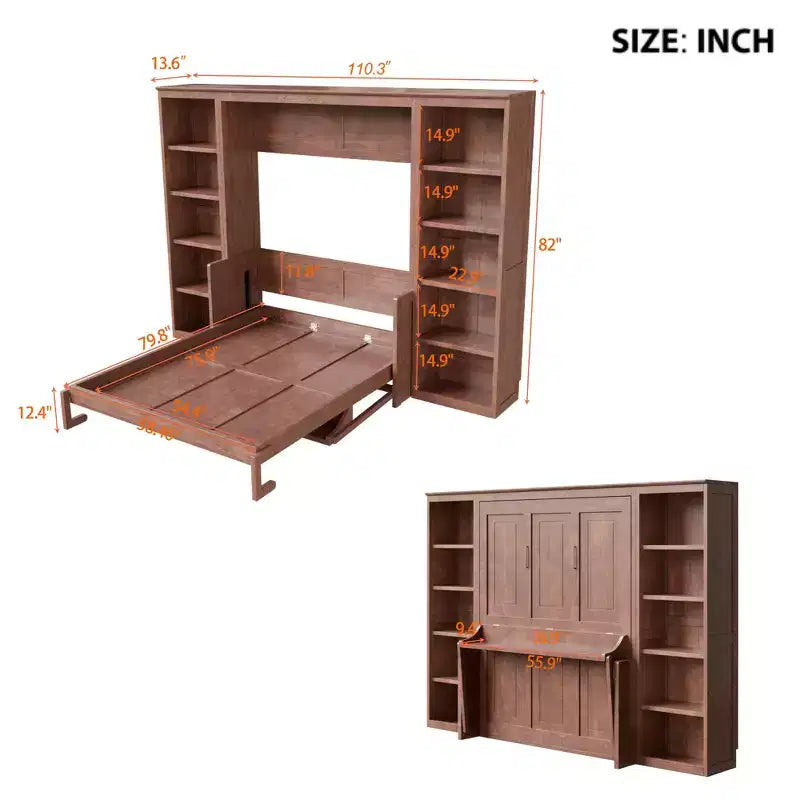 Full/Queen Size Murphy Bed Space-Saving Wall Bed with Desk and Bookshelf, Dark Brown - ModernLuxe