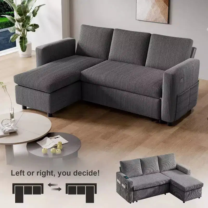 Dyonery 2 in 1 Pull Out Sleeper Sofa with Storage Chaise C Corduroy Sectional Couch with USB Ports for Living Room