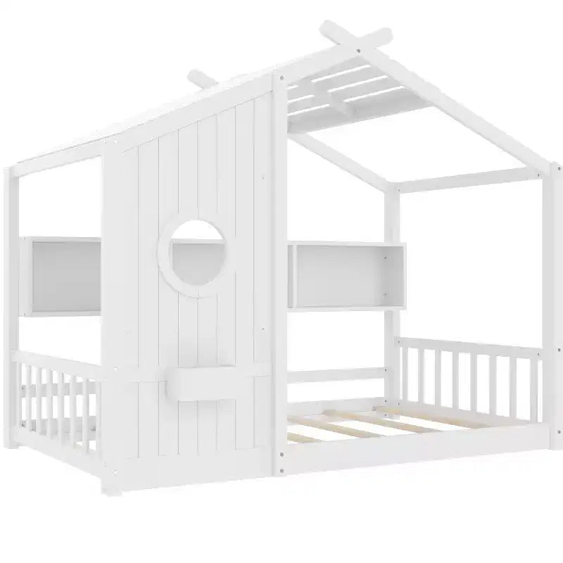 Floor House Bed with Built-In Storage Shelves & Slatted Roof