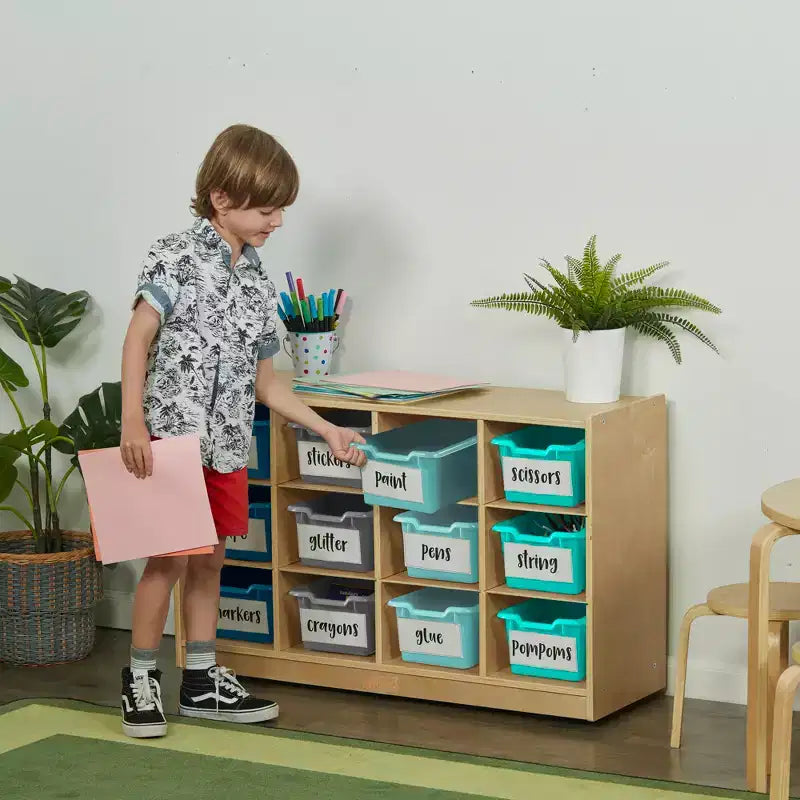 Cubby Mobile Tray Cabinet and 15 Scoop Front Bins, 3x4, Kids Furniture