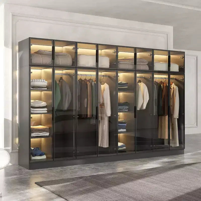 Hitow Pure Black Luxury Armoire with Tempered Glass Doors 3-Color LED Wardrobe Floor-to-Ceiling Bedroom Closet Organizer Dressing Room Closet