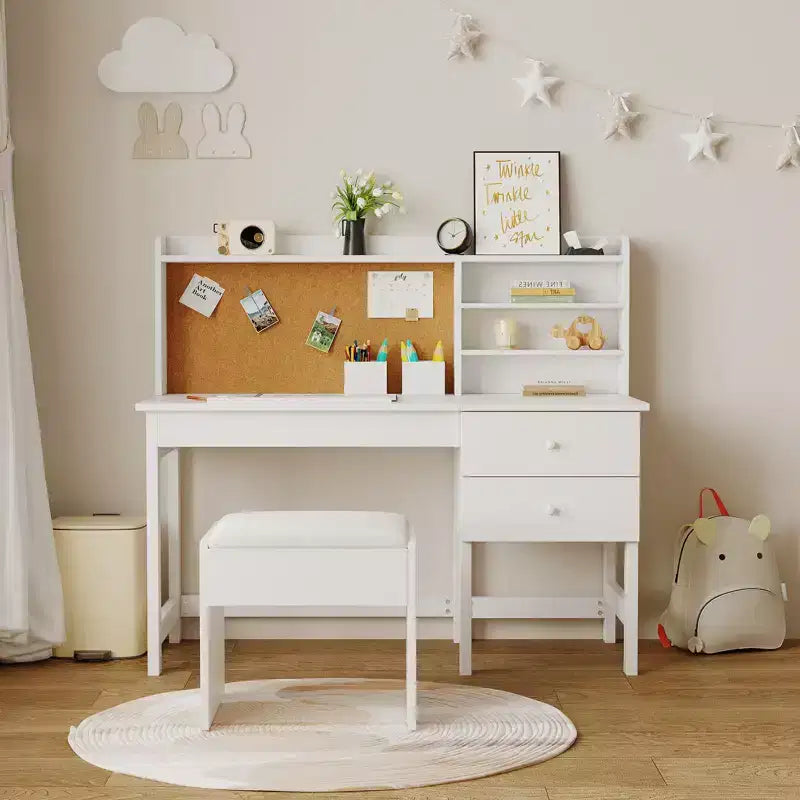 Ensemble bureau et chaise pour enfants, table d'étude en bois avec plateau inclinable réglable, tiroirs et tableau en liège - Ensemble de bureau scolaire pour enfants