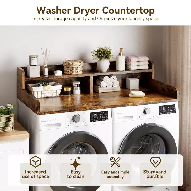 Wood Washer and Dryer Topper, 54 Laundry Countertop with 2-Tier Storage Shelf, Anti-Slip Work Surface with Guardrails for Laundry Organization