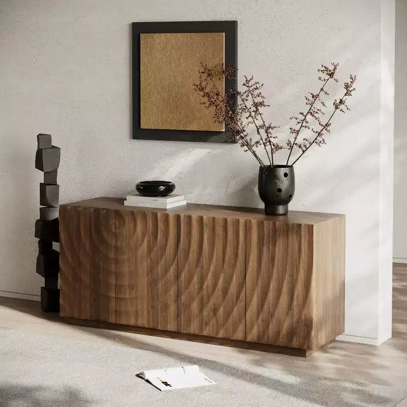59 Modern Spiral Sideboard Buffet Cabinet, Low Profile Art Entryway Storage Cabinet with 3D Ripple Texture Doors