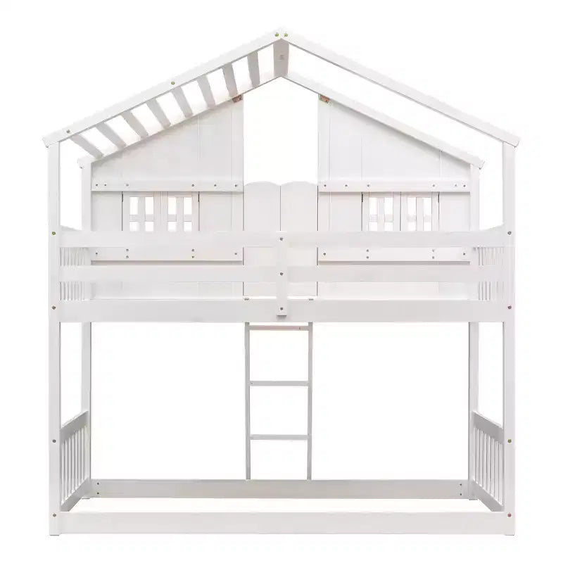Twin Size House-Shaped Loft Bed, Wood Playhouse Loft Bed with Ladder & Guardrails for Kids
