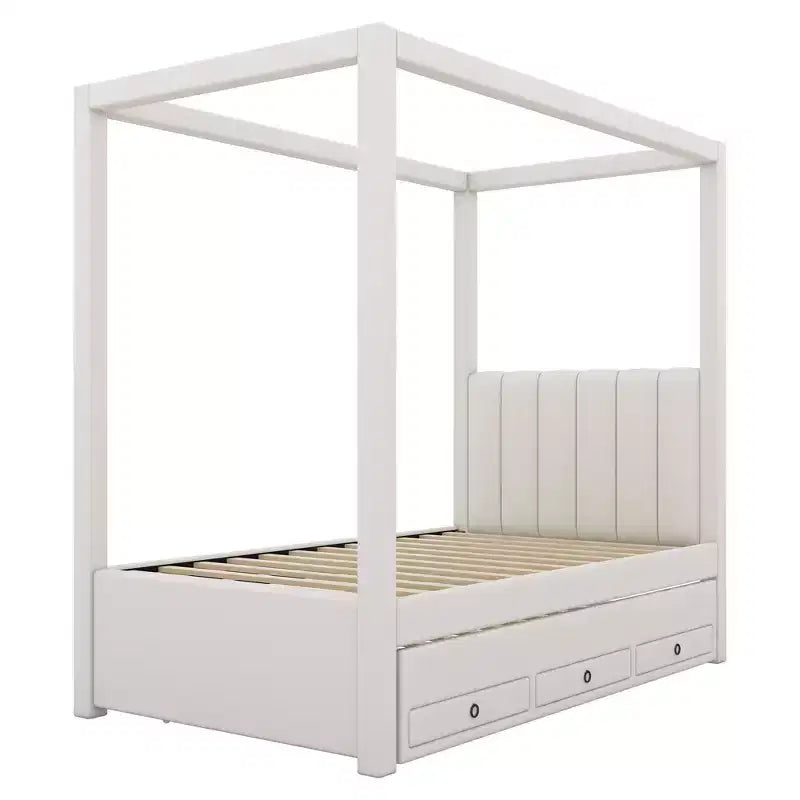 Full Size Linen Upholstery Canopy Platform Bed with Trundle and Three Storage Drawers