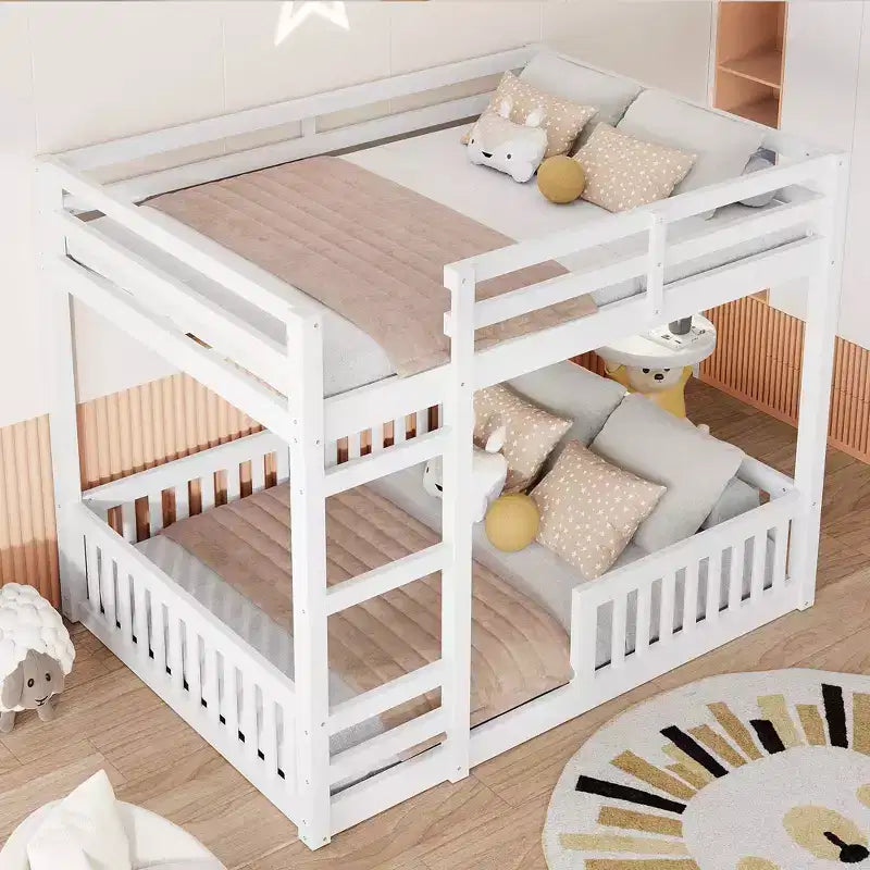 Full over Full Wooden Bunk Bed with Ladder and Guardrails, Low Floor Full Size Bunk Beds with Slats Support