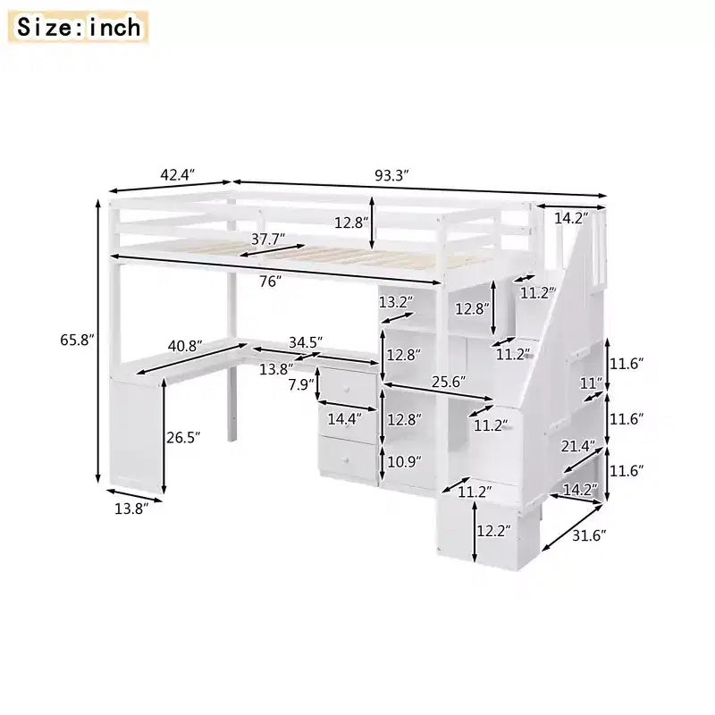 Twin Size Loft Bed with L-Shaped Desk, 3 Drawers, Cabinet, Staircase Storage, Solid Pine/MDF Build