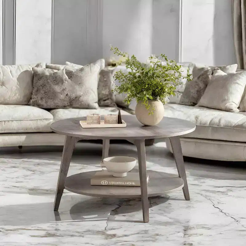 Honey Brown Round Coffee Table with 2 Tiers of Storage, Measuring 31.5 x 17.7 Inches, Ideal for the Living Room