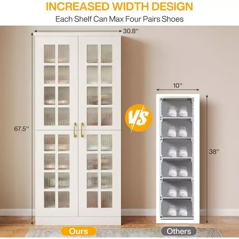 Meuble à chaussures haut Lantine avec portes, rangement à chaussures à 8 niveaux avec étagères réglables, armoire à chaussures moderne pour couloir, placard, salon, blanc