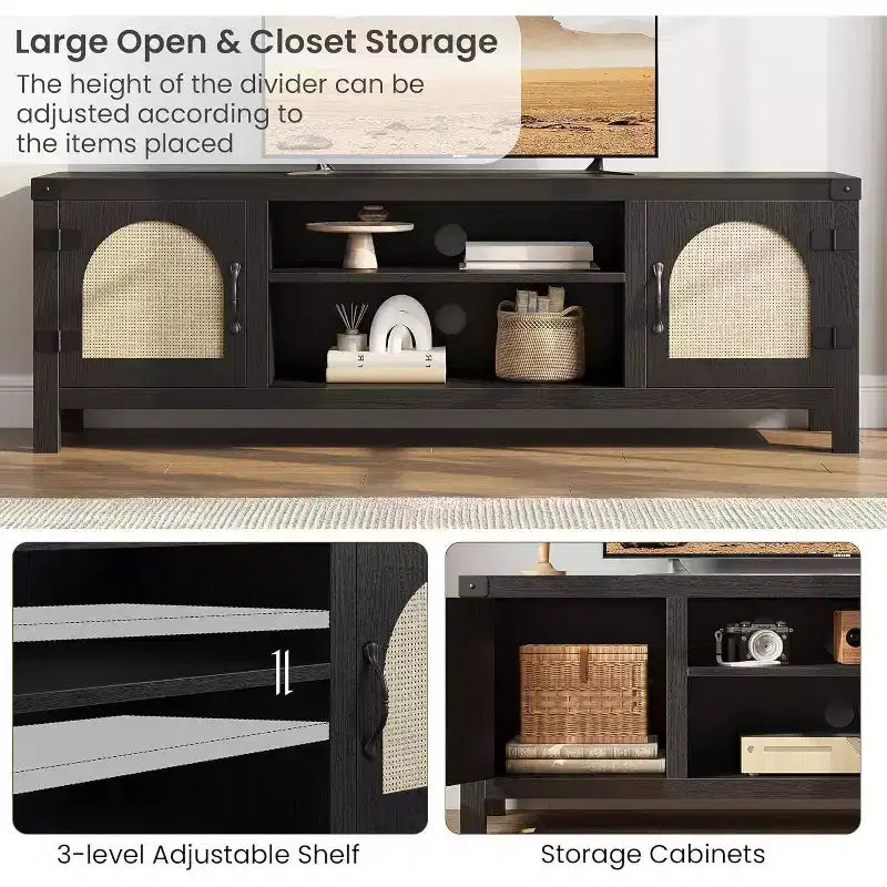 65-inch Bohemian-style TV stand with wicker door - Wooden entertainment center with two cabinets and adjustable shelves, suitable for living rooms