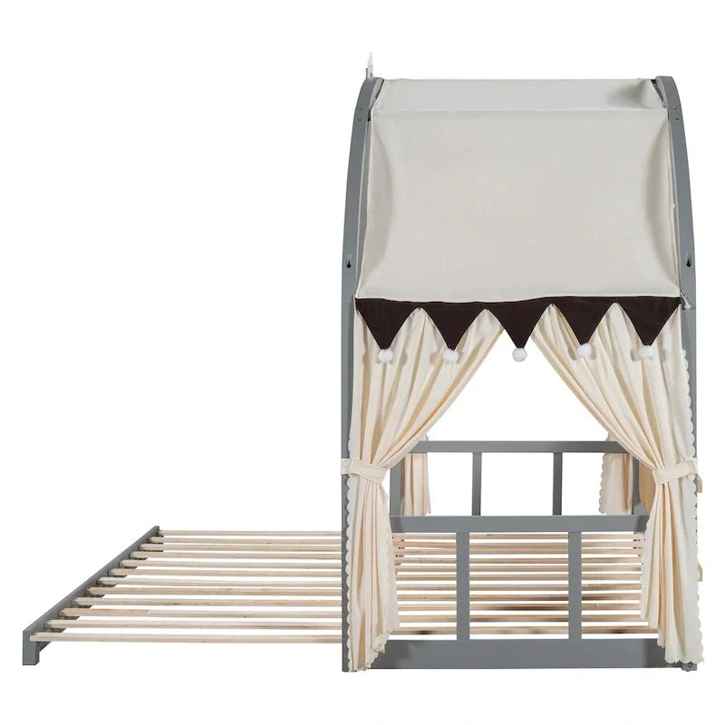Solid Wood Playhouse Platform Bed Floor Montessori Bed Frame with Arched Roof and Trundle for Girls and Boys