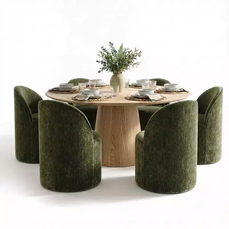 Modern Dining Table Set For 6, Round Pedestal Dining Table, Swivel Rolling Barrel Chairs With Wheels, Textured Chenille- Panipeachy
