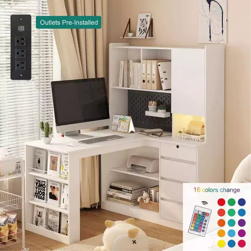 46-Inch L-Shaped Corner Desk with Bookshelf and Drawers