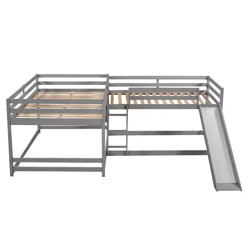 L Shaped Bunk Bed for 4 Kids, Quad Bunk Bed with Slide Full and Twin Wood Bunk Frame for Bedroom Dorm
