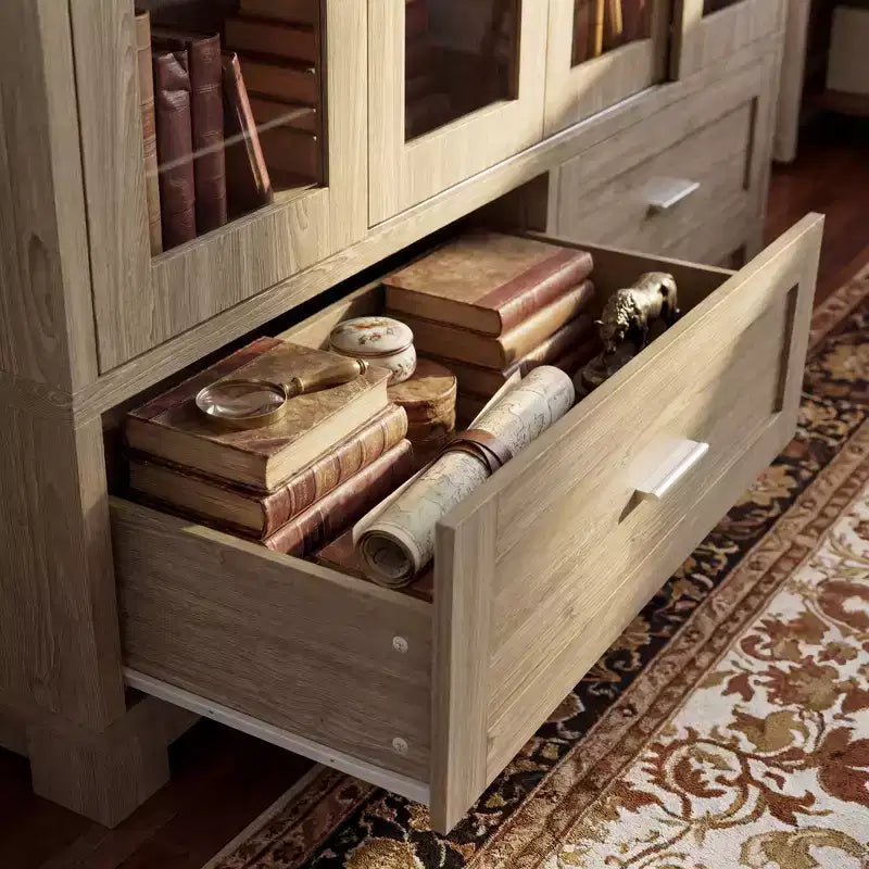 Famapy Light Oak-Grain Display Bookcase: 63W,Sliding Glass Doors + Drawer Storage  Spacious Organizer for Home Libraries & Living Rooms