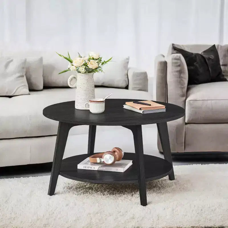 Honey Brown Round Coffee Table with 2 Tiers of Storage, Measuring 31.5 x 17.7 Inches, Ideal for the Living Room