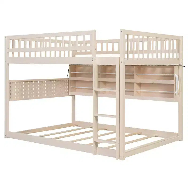 Luxystar Full Over Full Modern Low Bunk Bed With Storage Lighted Shelves And Pegboard