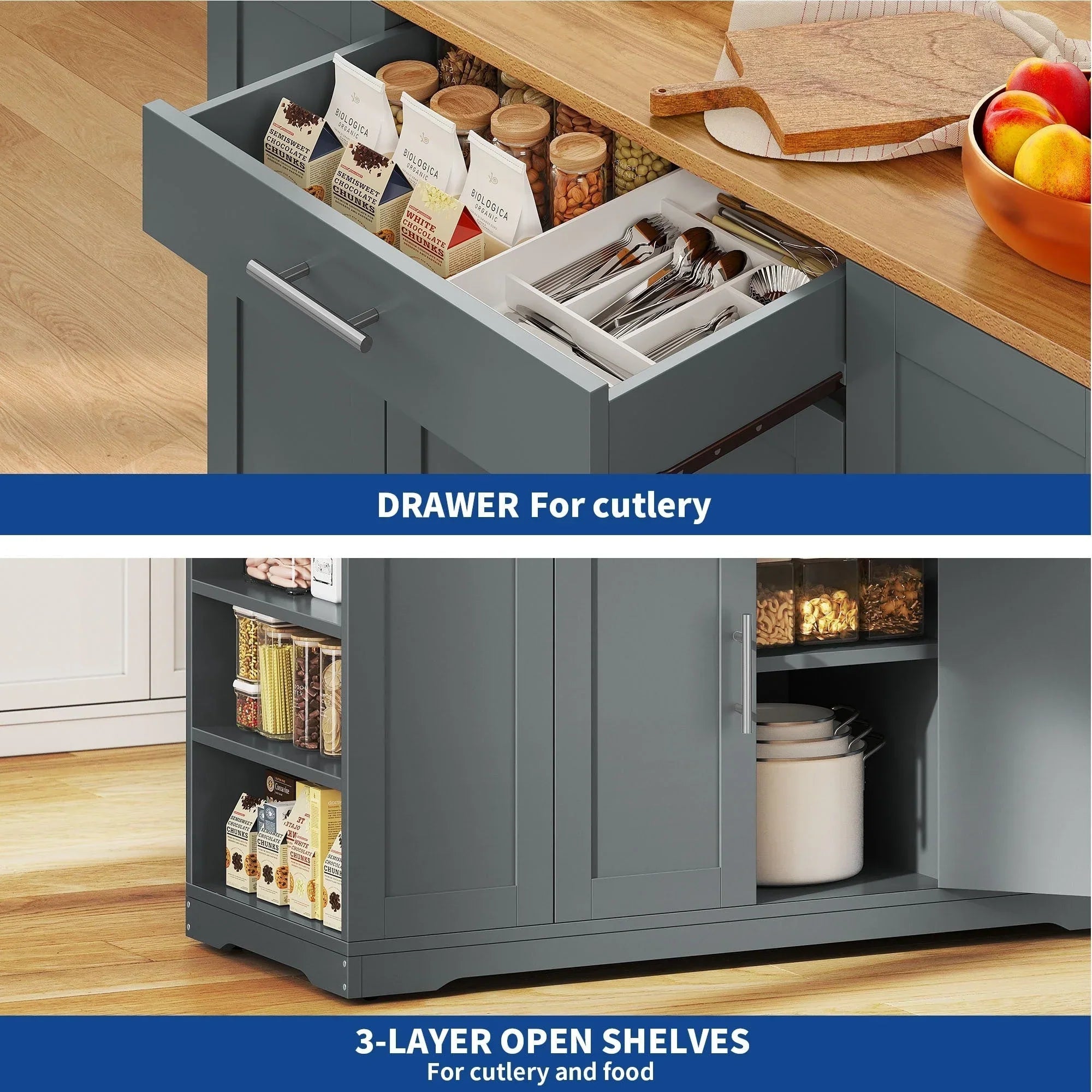Moasis 53-inch Rolling Kitchen Island Storage Cabinet Portable Mobile Kitchen Cart