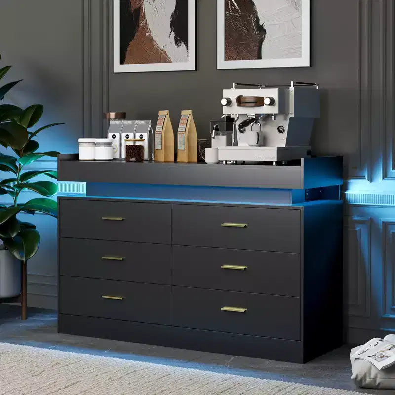 Modern TV Stand with 6 Drawers & LED Lights, Floating Countertop Coffee Bar for Living Room Entertainment Center