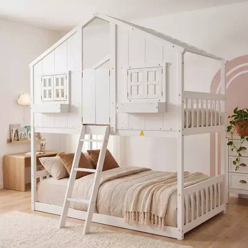Twin Size House-Shaped Loft Bed, Wood Playhouse Loft Bed with Ladder & Guardrails for Kids