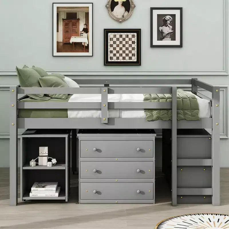 Full Size Low Loft Bed with Rolling Desk, 3 Drawers and Shelves