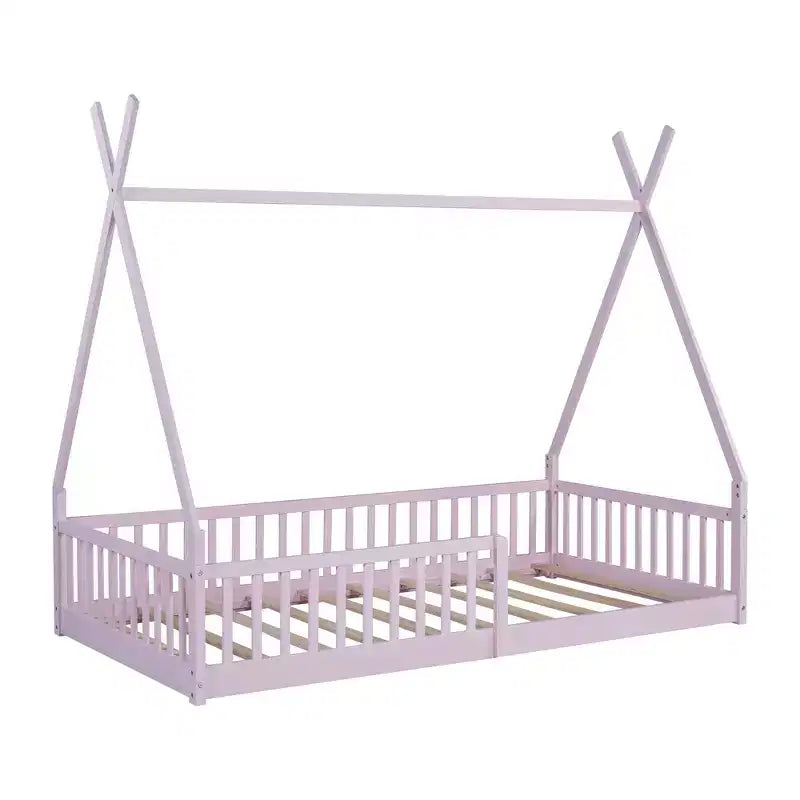 Floor Bed for Kids, Twin Size Tent Beds, Montessori Floor Bed with Slats and Fence Rails, Wood House Bed Frame for Boys Girls