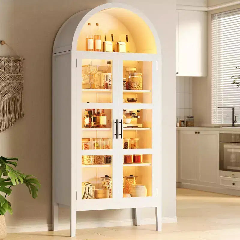Storage Cabinet, Black/White, Arched Style, Single, 71 Tall with LED Lights & Glass Doors