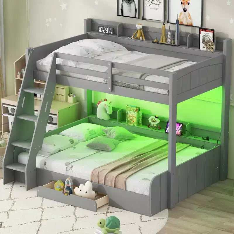 Twin over Full Bunk Bed with Storage, LED Lights & Charging Station, Wood Bunked Bed Beside Shelves for Kids & Teens