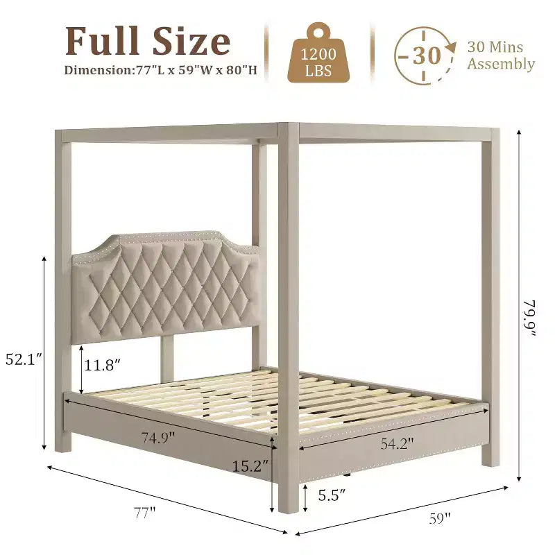 Queen Size Canopy Bed Frame with Poles 4 Corner Bed Bracket, Solid Wood Slats Support, No Box Spring Needed, Noise Free