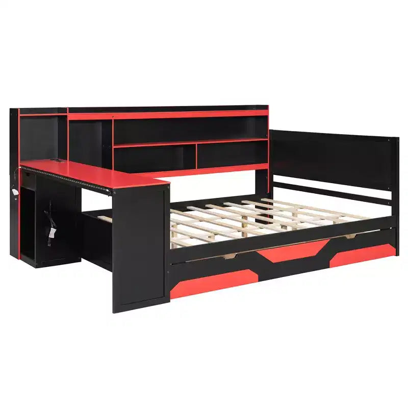 Gamer Hub Daybed with Desk, RGB Lights, Charging Station, Storage Drawers & Bookcase Headboard