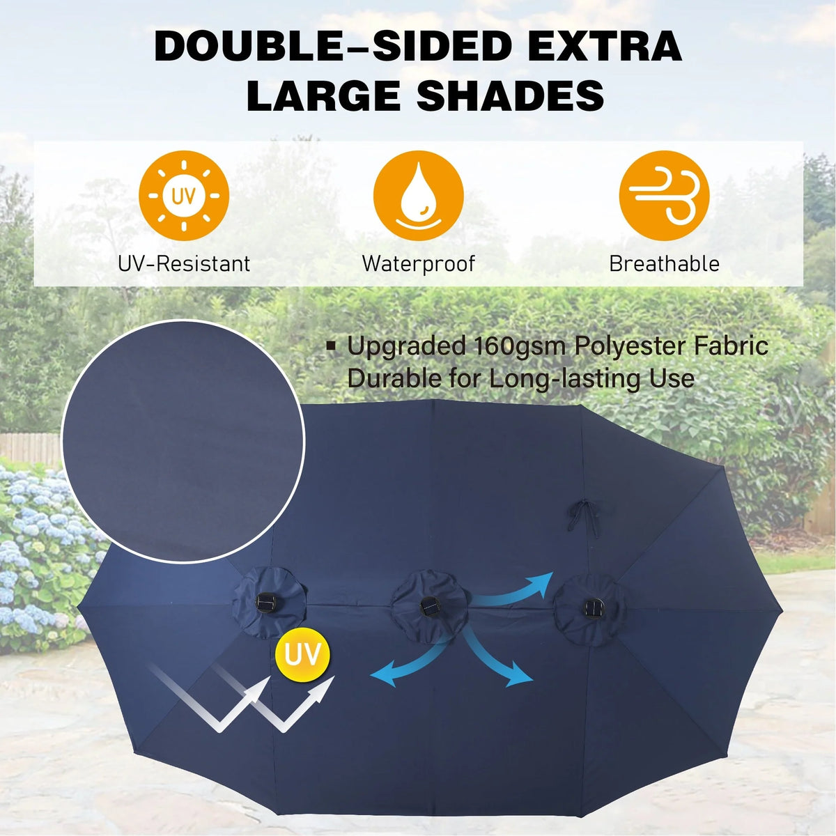 Parasol de marché extérieur rectangulaire de 4,5 m avec manivelle, double face, lumières LED solaires et base incluse