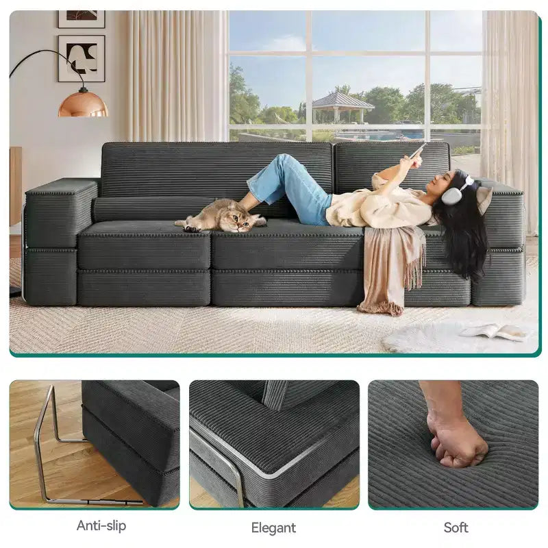 Convertible Cloud Sectional Couch Comfy Corduroy Sectional Sofa Comfy Couch With Deep Seat & High Pillows Easy To Assemble