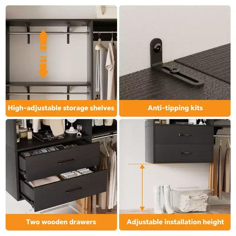 Freestanding Closet System with 8 Hannging Rods and Drawers, Hanging Closet Organizer with 10 Shelves