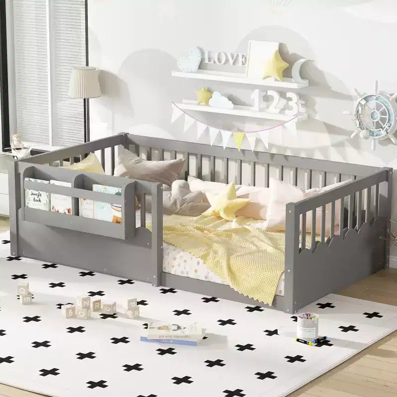 Bellemave Kids Floor Bed with Heightened Fence and Bookshelf, Wooden Twin Montessori Bed Frame for Girls Boys